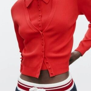 Zara Red Cardigan Button Down Side Piping Small NWT